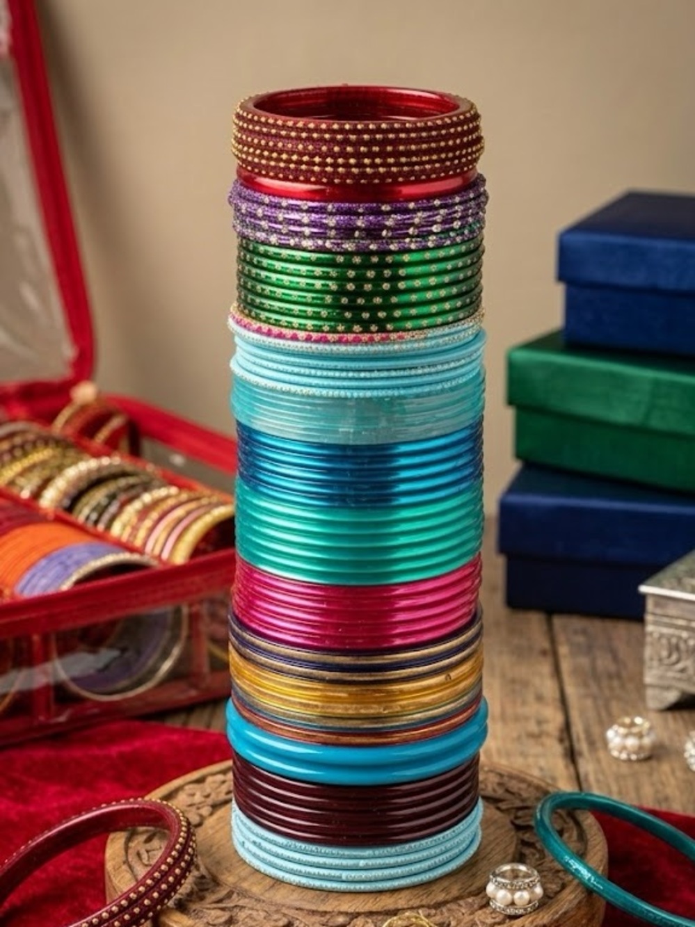 Colorful Stack of Indian Style Metal Bangles - Multicolor